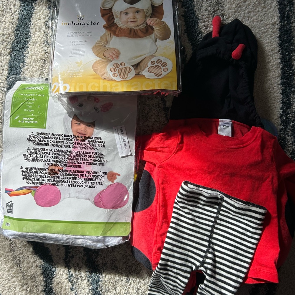 3 Infant Costumes - Ladybug, Lion, Unicorn